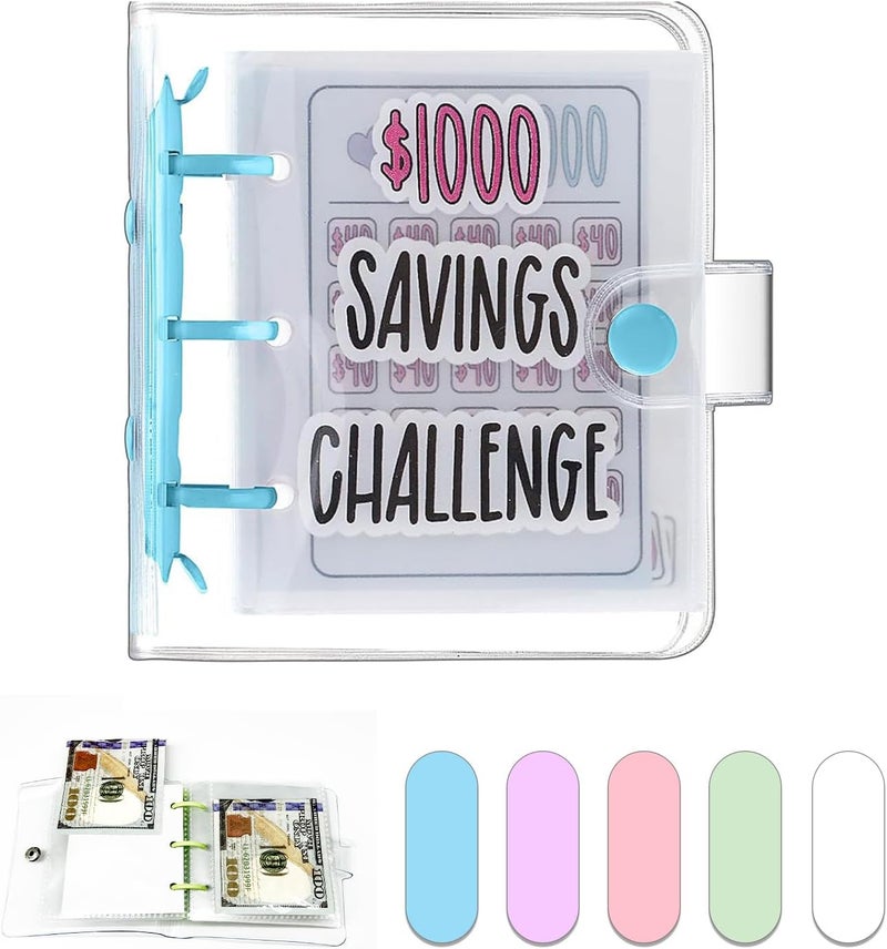 Dreamplay Mini Money Saving Binder, $1000 Money Saving Challenge Book Budget Binder with Envelopes Portable Deposit Anytime Anywhere (Blue) - Image 1